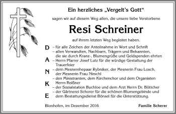 Traueranzeige von Resi Schreiner von Allgäuer Zeitung, Kaufbeuren/Buchloe