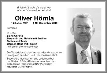 Traueranzeige von Oliver Hörnla von Allgäuer Zeitung,Kempten