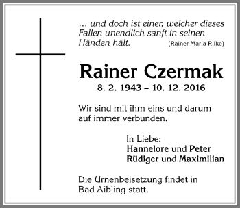 Traueranzeige von Rainer Czermak von Allgäuer Zeitung, Kaufbeuren/Buchloe