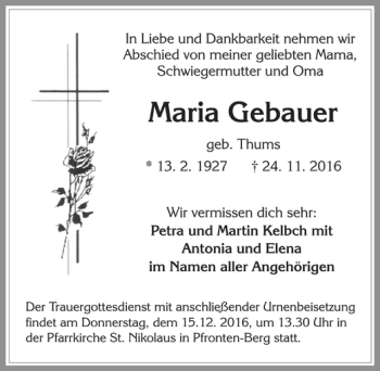 Traueranzeige von Maria Gebauer von Allgäuer Zeitung, Füssen
