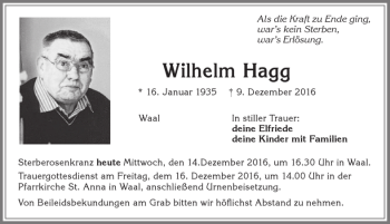 Traueranzeige von Wilhelm Hagg von Allgäuer Zeitung, Kaufbeuren/Buchloe