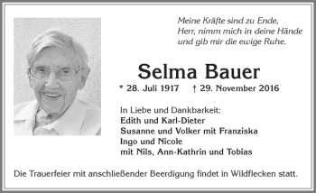 Traueranzeige von Selma Bauer von Allgäuer Zeitung, Füssen
