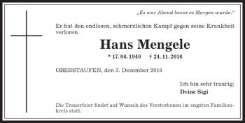 Traueranzeige von Hans Mengele von Allgäuer Anzeigeblatt