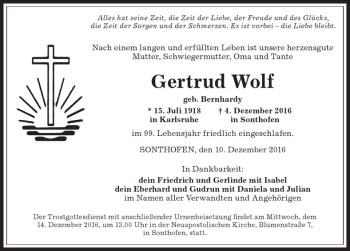 Traueranzeige von Gertrud Wolf von Allgäuer Anzeigeblatt