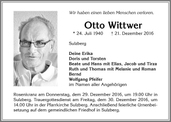 Traueranzeige von Otto Wittwer von Allgäuer Zeitung,Kempten