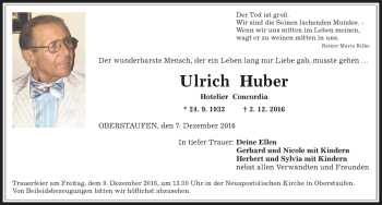 Traueranzeige von Ulrich Huber von Allgäuer Anzeigeblatt