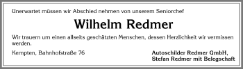 Traueranzeige von Wilhelm Redmer von Allgäuer Zeitung,Kempten