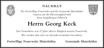 Traueranzeige von Georg Keck von Der Westallgäuer