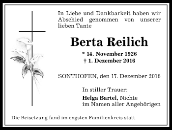 Traueranzeige von Berta Reilich von Allgäuer Anzeigeblatt