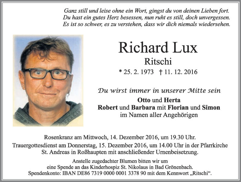  Traueranzeige für Richard Lux vom 13.12.2016 aus Allgäuer Zeitung