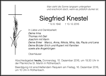 Traueranzeige von Siegfried Knestel von Der Westallgäuer