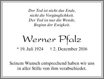 Traueranzeige von Werner Pfalz von Allgäuer Zeitung, Füssen