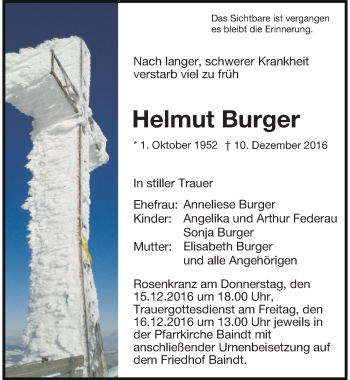 Traueranzeige von Helmut Burger von Der Westallgäuer