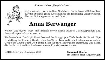 Traueranzeige von Anna Berwanger von Allgäuer Anzeigeblatt