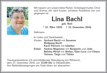 Traueranzeige von Lina Bachl von Allgäuer Zeitung,Kempten
