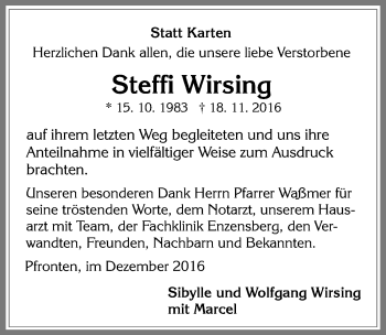 Traueranzeige von Steffi Wirsing von Allgäuer Zeitung, Füssen