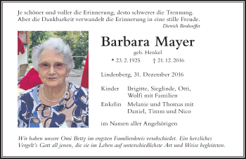 Traueranzeige von Barbara Mayer von Der Westallgäuer