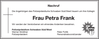 Traueranzeige von Petra Frank von Allgäuer Zeitung,Kempten
