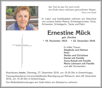 Traueranzeige von Ernestine Mück von Allgäuer Zeitung, Marktoberdorf
