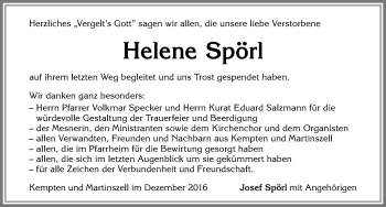 Traueranzeige von Helene Spörl von Allgäuer Zeitung,Kempten