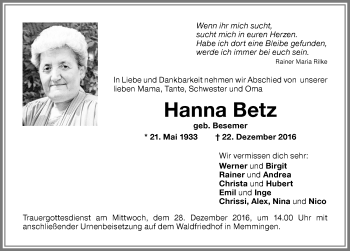 Traueranzeige von Hanna Betz von Memminger Zeitung
