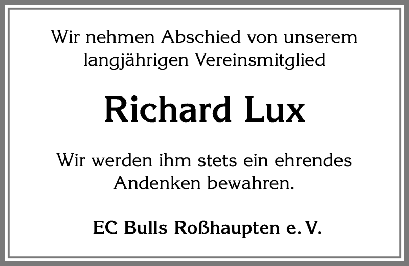  Traueranzeige für Richard Lux vom 13.12.2016 aus Allgäuer Zeitung, Füssen