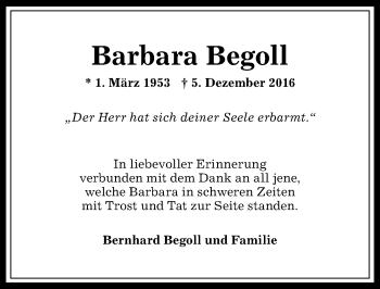 Traueranzeige von Barbara Begoll von Allgäuer Anzeigeblatt