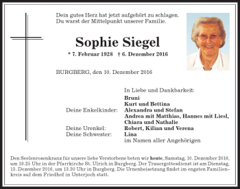 Traueranzeige von Sophie Siegel von Allgäuer Anzeigeblatt
