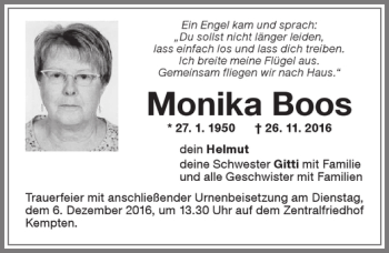 Traueranzeige von Monika Boos von Allgäuer Zeitung,Kempten