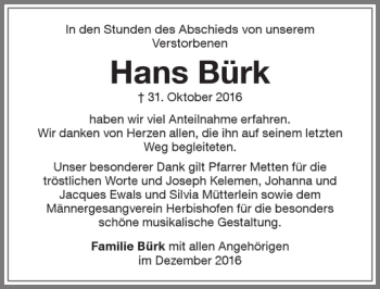 Traueranzeige von Hans Bürk von Memminger Zeitung