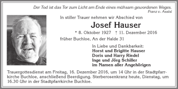 Traueranzeige von Josef Hauser von Allgäuer Zeitung, Kaufbeuren/Buchloe