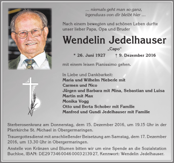Traueranzeige von Wendelin Jedelhauser von Allgäuer Zeitung, Kaufbeuren/Buchloe