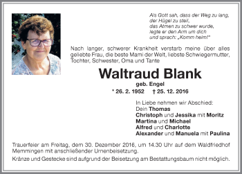 Traueranzeige von Waltraud Blank von Allgäuer Zeitung