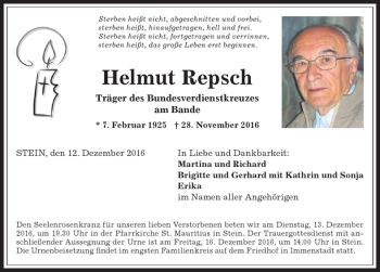 Traueranzeige von Helmut Repsch von Allgäuer Anzeigeblatt