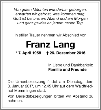 Traueranzeige von Franz Lang von Memminger Zeitung