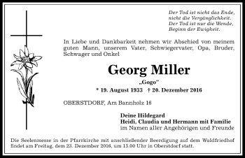 Traueranzeige von Georg Miller von Allgäuer Anzeigeblatt