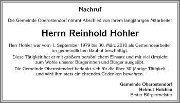 Traueranzeige von Reinhold Hohler von Allgäuer Zeitung, Kaufbeuren/Buchloe