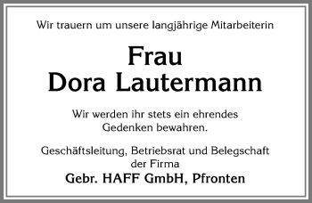Traueranzeige von Dora Lautermann von Allgäuer Zeitung, Füssen