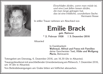 Traueranzeige von Emilie Brack von Allgäuer Zeitung,Kempten
