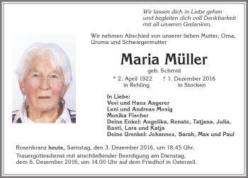 Traueranzeige von Maria Müller von Allgäuer Zeitung, Kaufbeuren/Buchloe