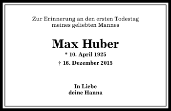 Traueranzeige von Max Huber von Allgäuer Anzeigeblatt