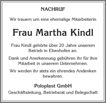 Traueranzeige von Martha Kindl von Allgäuer Zeitung, Marktoberdorf