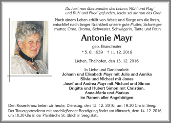 Traueranzeige von Antonie Mayr von Allgäuer Zeitung, Füssen