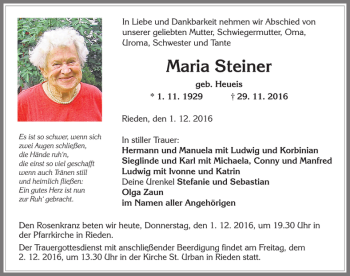 Traueranzeige von Marai Steiner von Allgäuer Zeitung, Füssen
