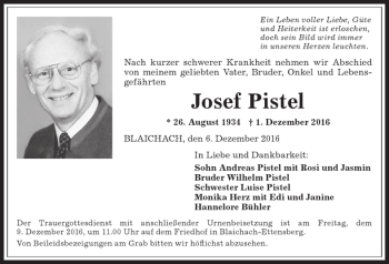 Traueranzeige von Josef Pistel von Allgäuer Anzeigeblatt
