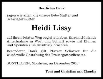 Traueranzeige von Heidi Lissy von Allgäuer Anzeigeblatt