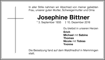 Traueranzeige von Josephine Bittner von Memminger Zeitung