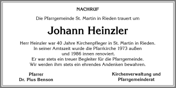 Traueranzeige von Johann Heinzler von Allgäuer Zeitung, Kaufbeuren/Buchloe