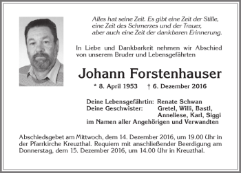 Traueranzeige von Johann Forstenhauser von Allgäuer Zeitung,Kempten