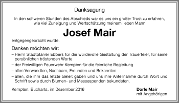Traueranzeige von Josef Mair von Allgäuer Zeitung,Kempten